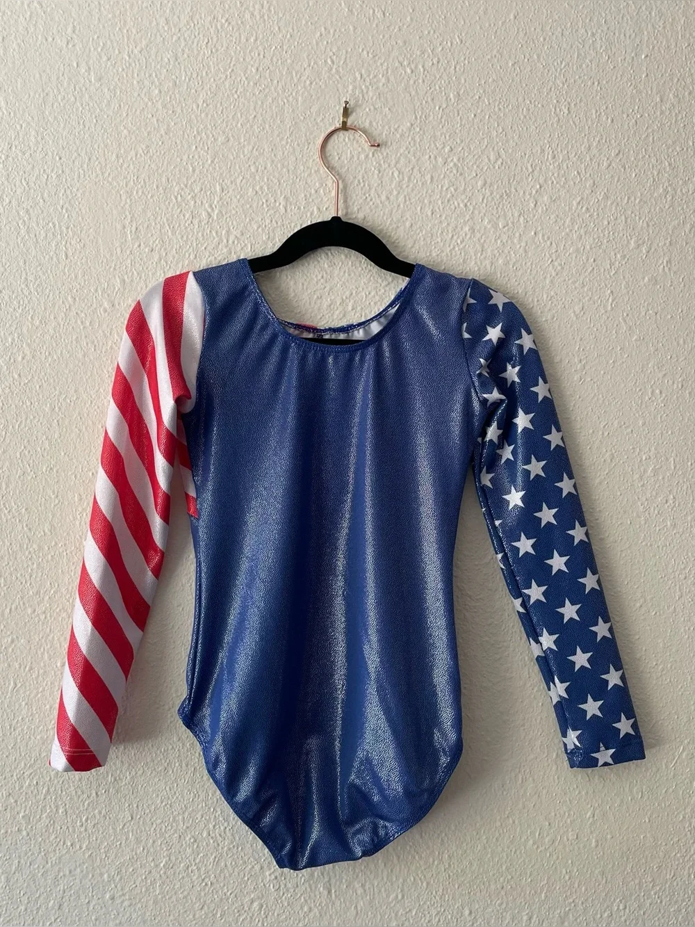 Girls Gymnastics Leotard Size 8A USA American Flag Long Sleeve Metallic Blue